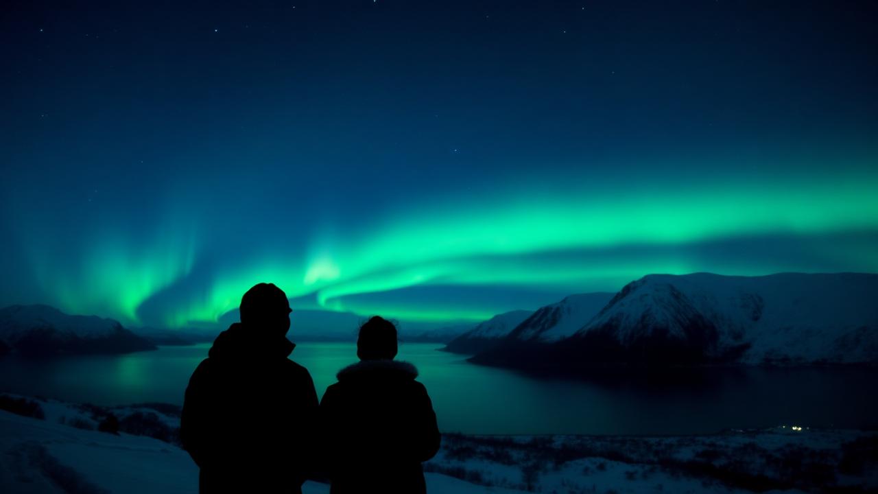 Twee mensen kijken naar het groene noorderlicht boven een besneeuwde fjord